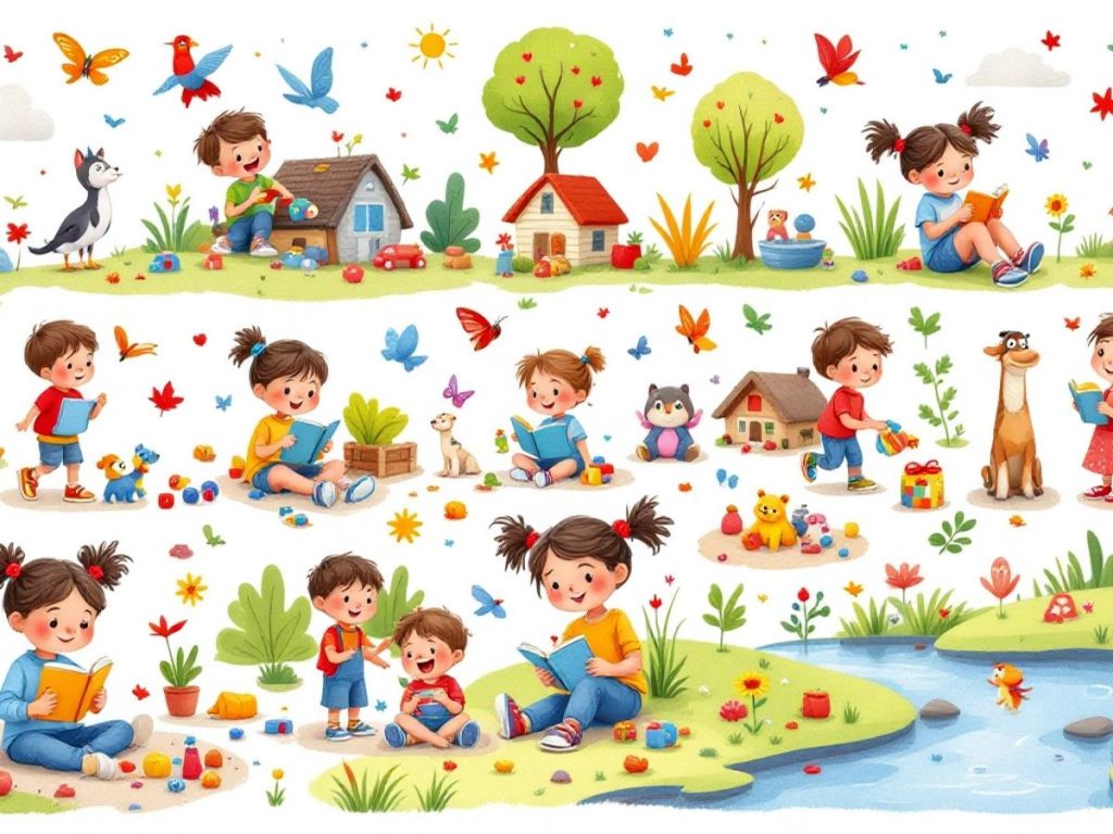 Copii jucându-se și explorând diverse activități vesele.