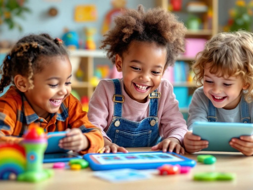 Copii jucându-se cu gadget-uri educaționale.