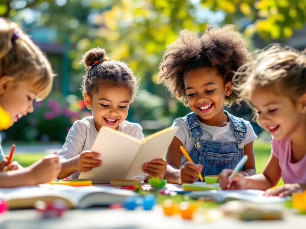 Copii jucându-se afară, explorând natura și citind.