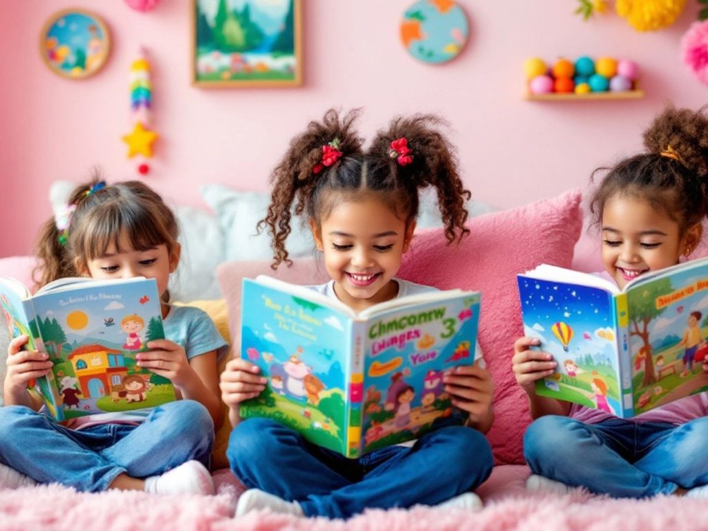 Copii citind cărți noi, pline de imaginație.