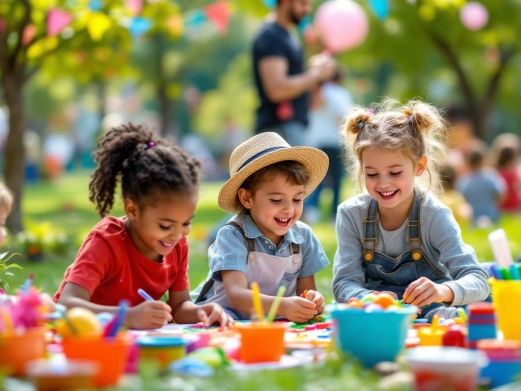 Copii jucându-se și învățând în parc.