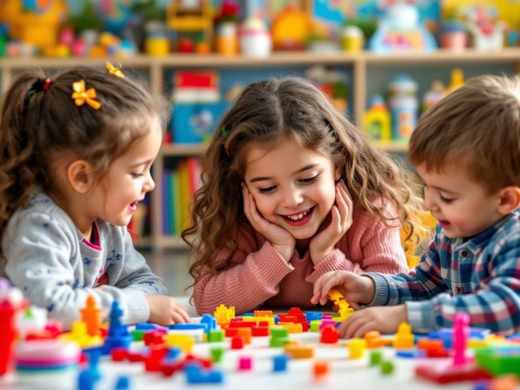 Copii jucându-se cu jocuri educative și materiale colorate.