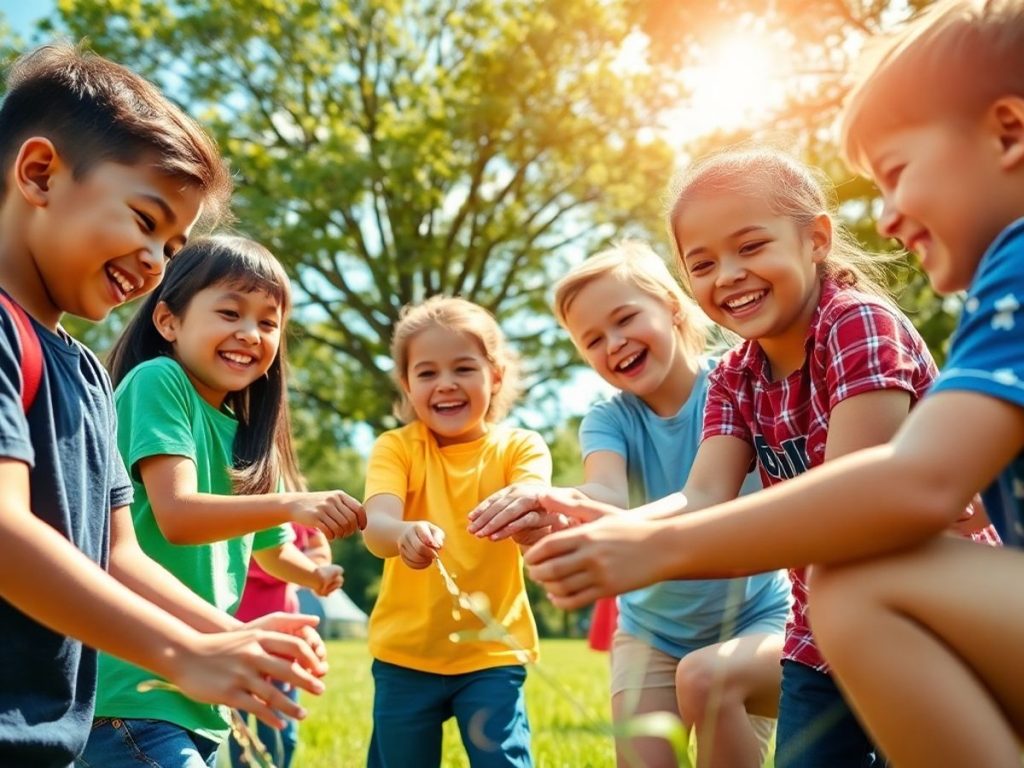 Copii jucându-se și interacționând în natură.