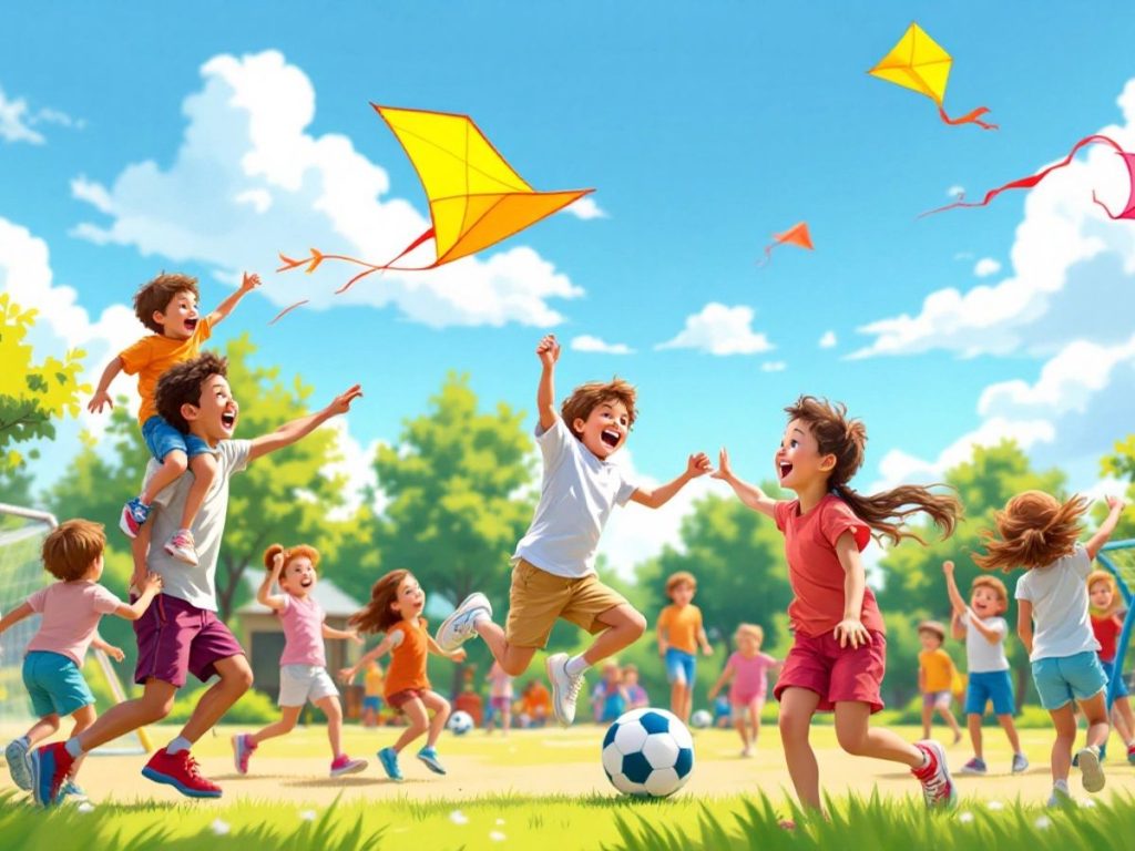 Copii jucându-se în aer liber, bucurie și activitate.