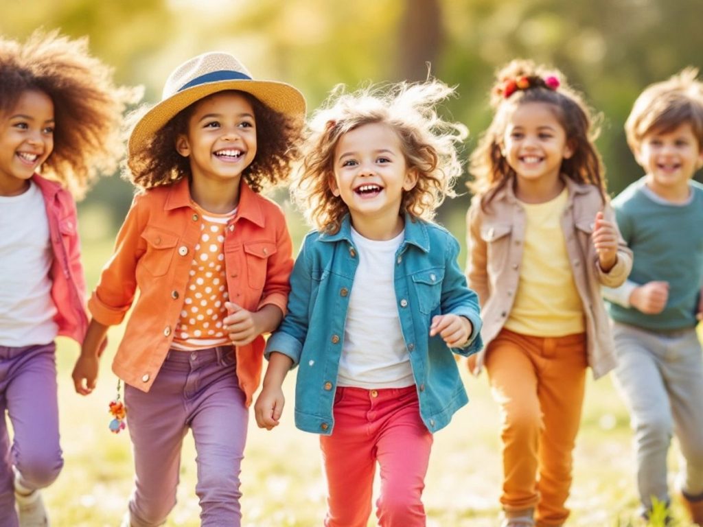 Copii veseli îmbrăcați în modă confortabilă.