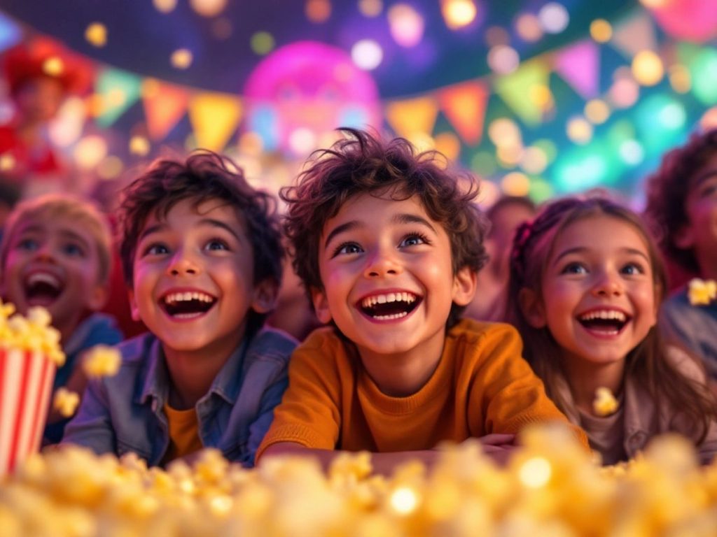 Copii fericiți urmărind filme animate cu popcorn.