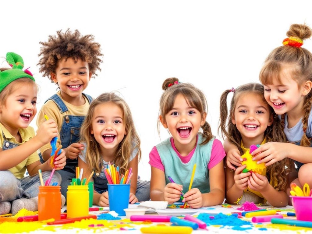 Copii creativi angajați în activități artistice colorate.