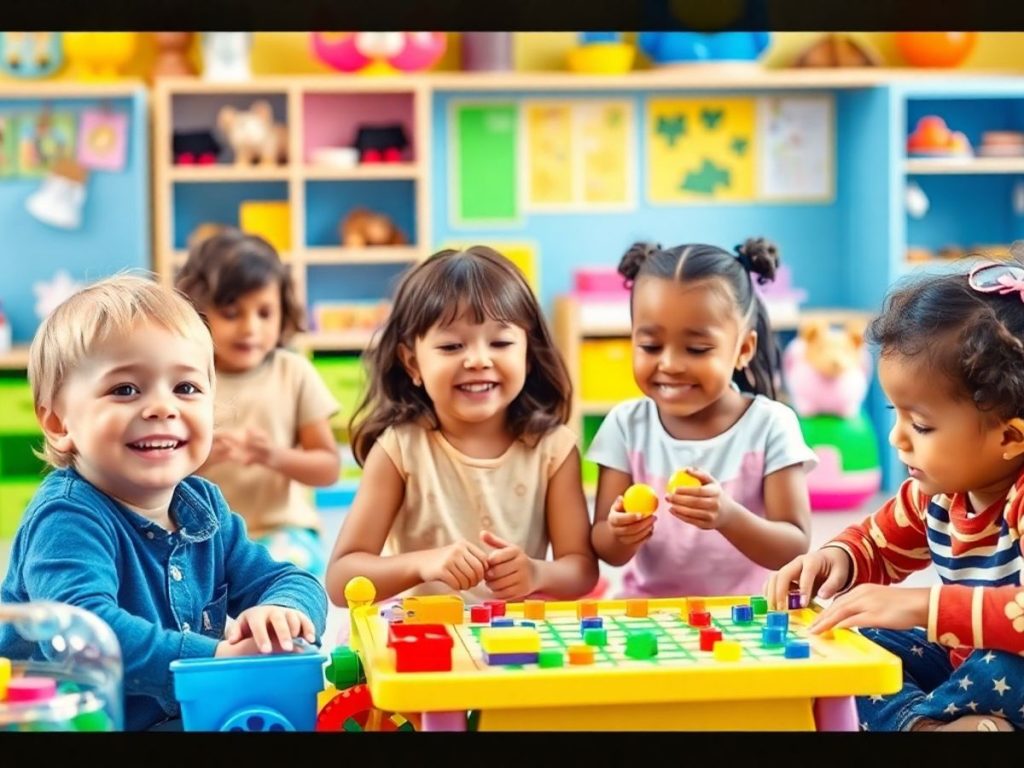 Copii jucându-se și învățând în mod distractiv.