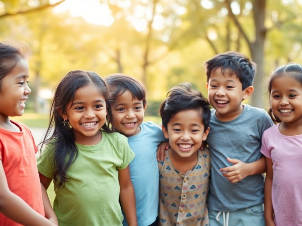 Grup de copii jucându-se fericiți într-un parc.