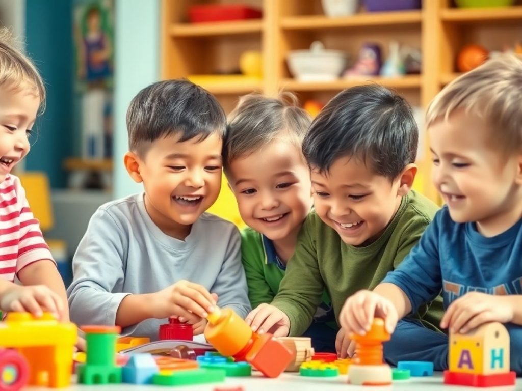 Copii jucându-se și învățând împreună.