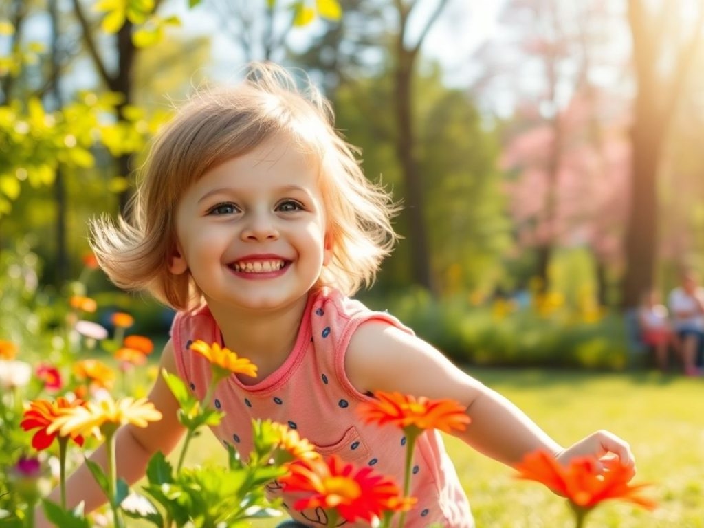 Copil jucându-se într-un parc însorit.