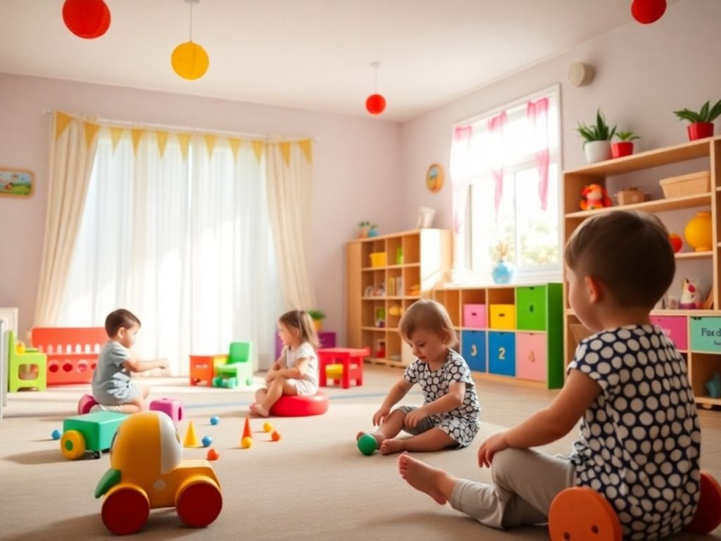 Grădiniță cu copii care se joacă într-un mediu plăcut.