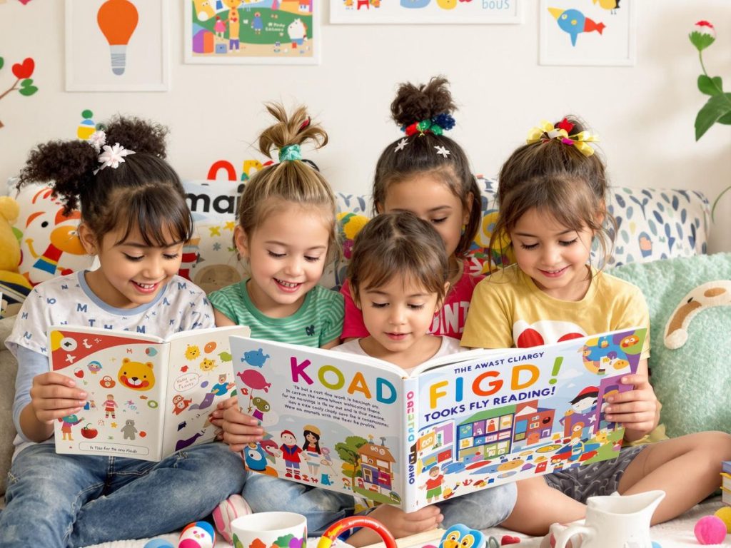 Copii citind cărți într-un mediu confortabil.