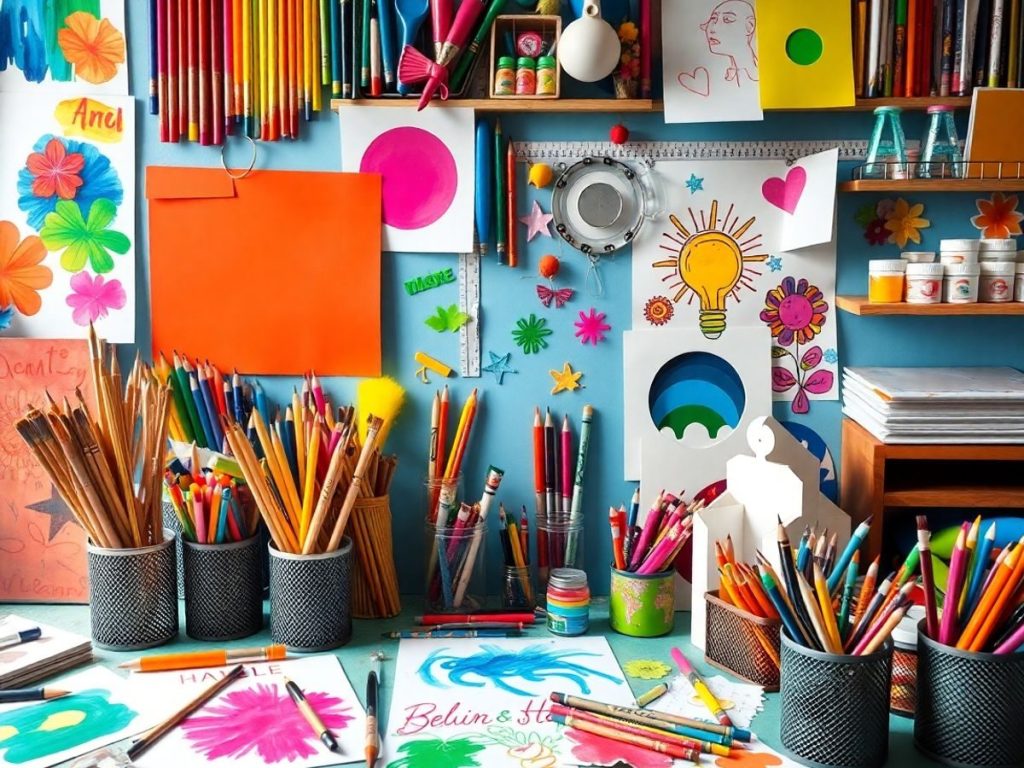 spațiu creativ plin de materiale artistice și lucrări