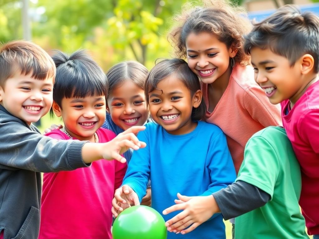 Copii jucându-se și colaborând în aer liber.