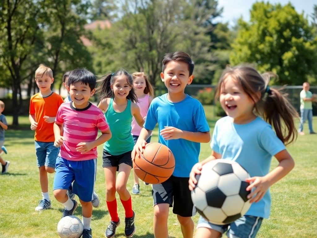 Copii jucându-se sporturi în aer liber, zâmbind.