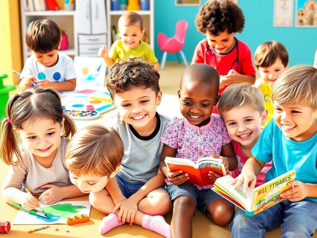 Copii jucându-se și învățând în timpul liber.