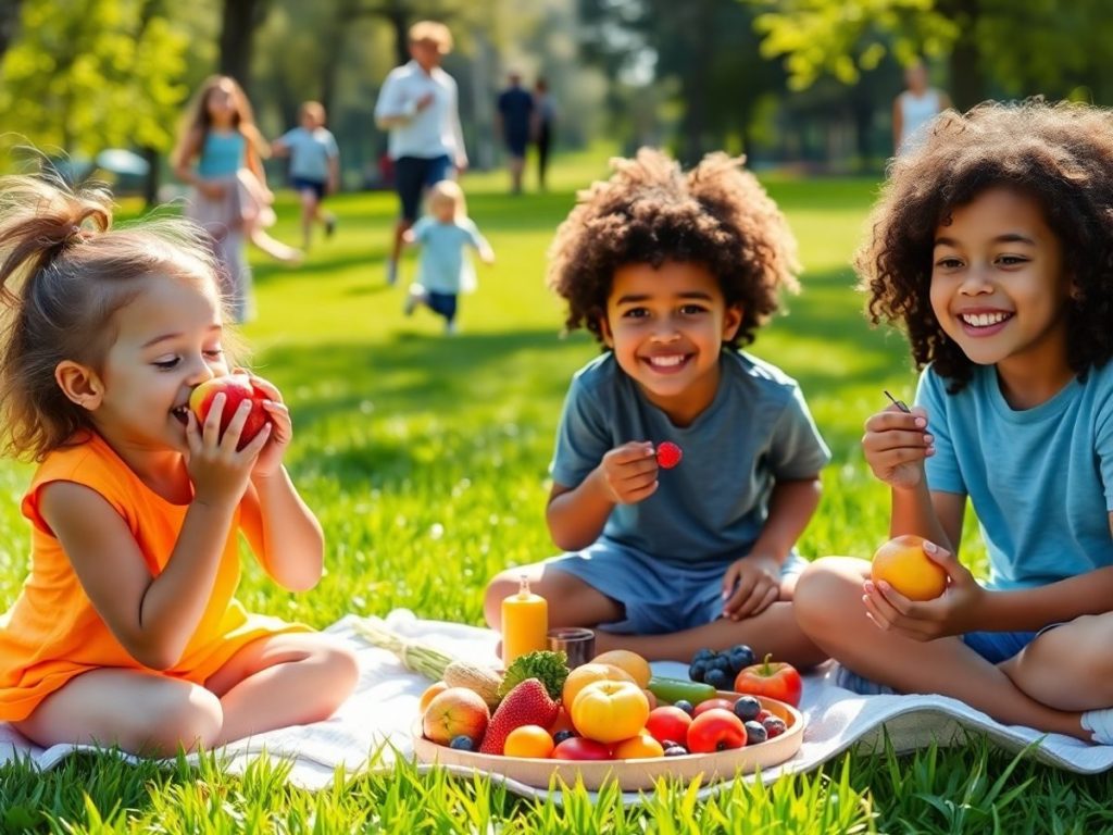 Copii activi bucurându-se de alimente sănătoase în aer liber.