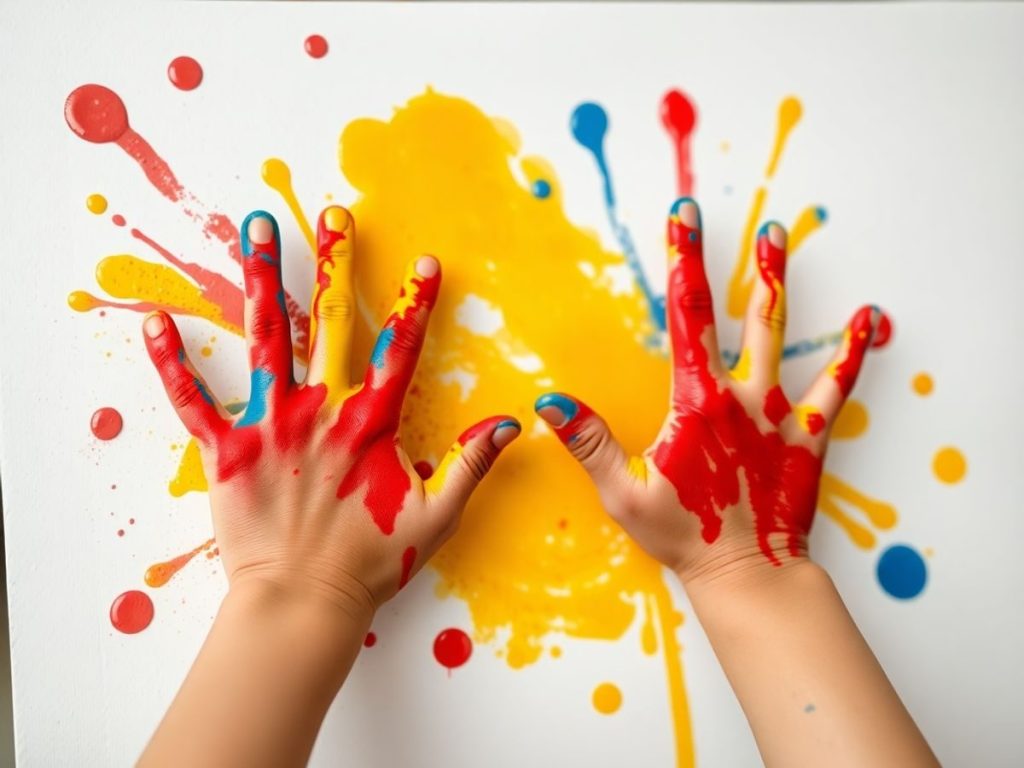 Copil pictând, culori vibrante, zâmbet pe față.