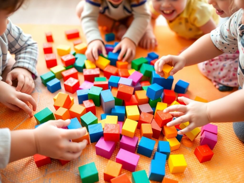 Copii zâmbitori se joacă cu blocuri colorate.