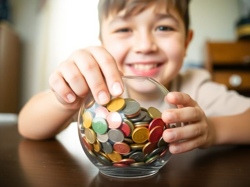 Copii zâmbitori lângă pușculiță plină cu monede.