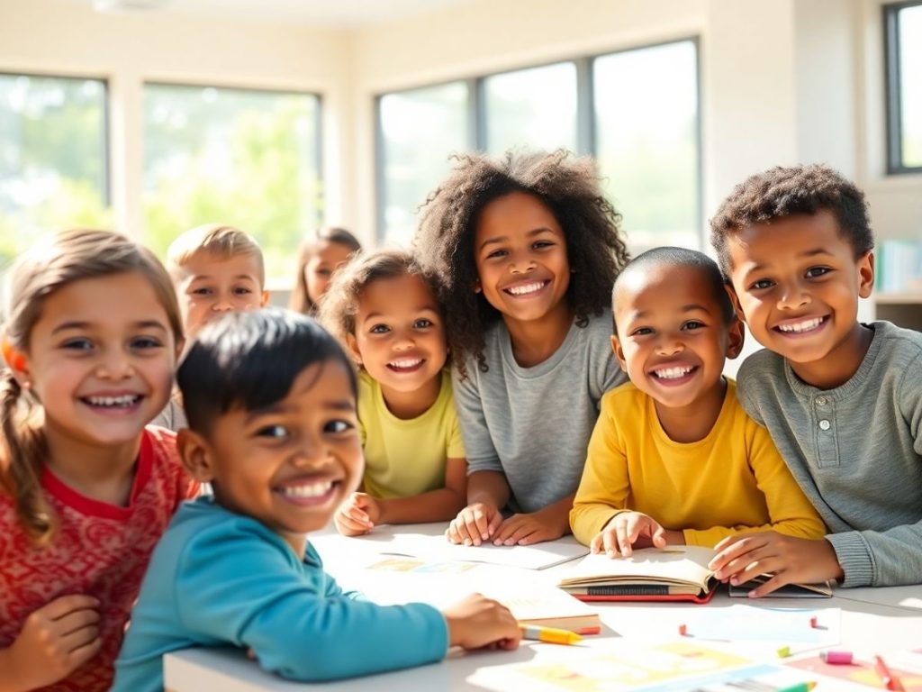 Copii zâmbind în sala de clasă, învățând