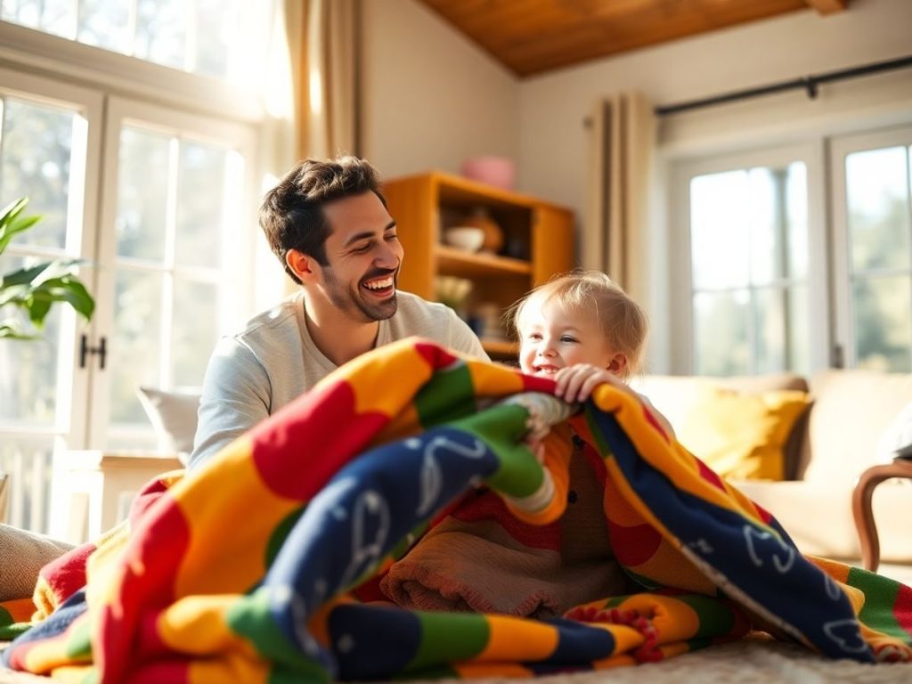 Părinți zâmbind și copii construind un castel din perne.