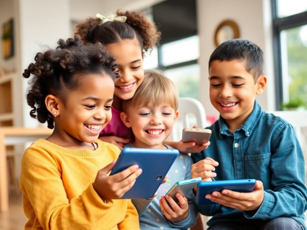 Copii jucând fericiți cu tablete moderne.