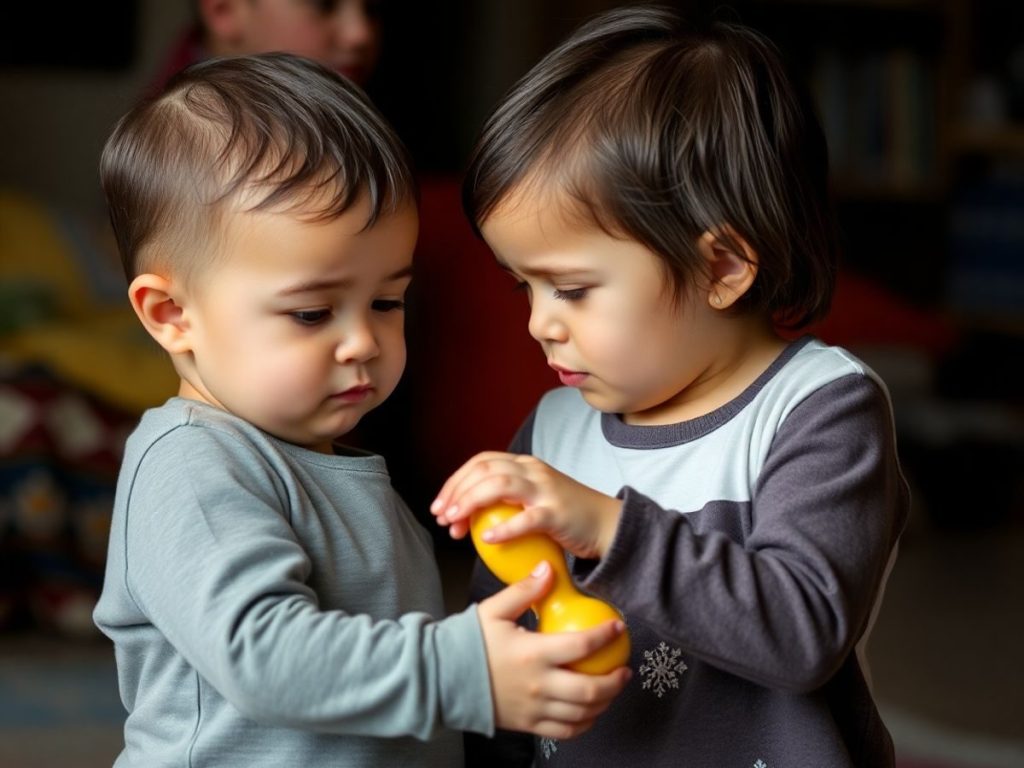 Doi copii interacționând pașnic, rezolvând o dispută.