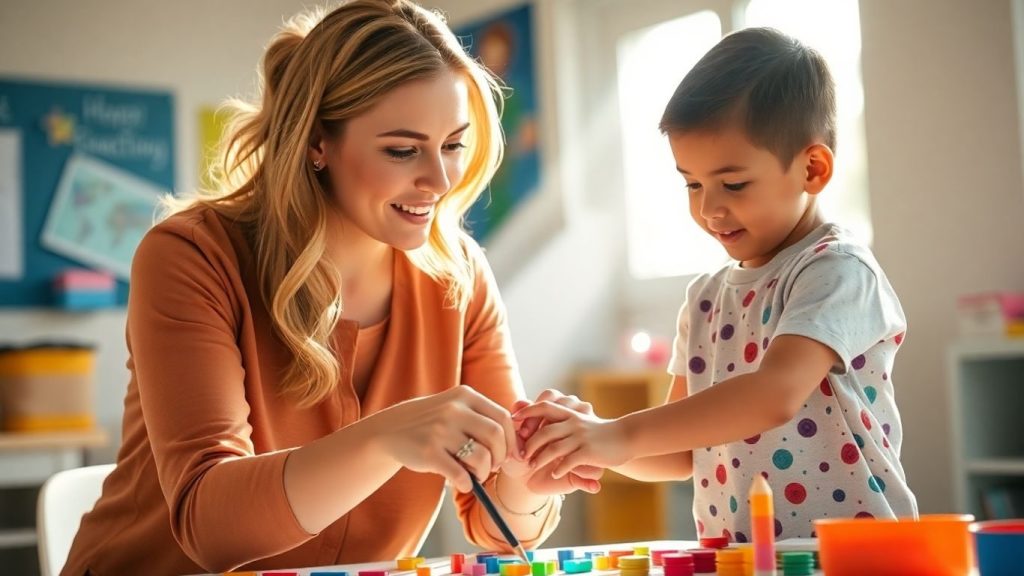 Profesor ajutând un copil la învățat.
