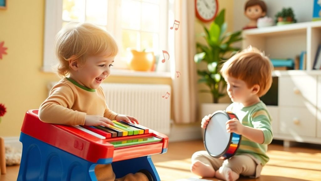 Copii cântând la instrumente muzicale și ascultând cu bucurie.