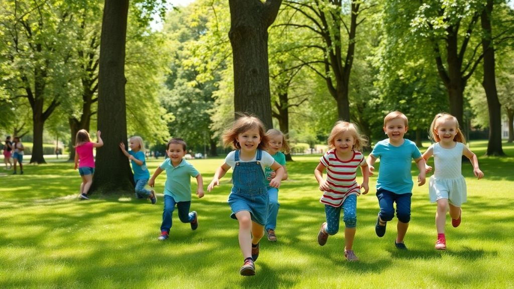 Copii jucându-se într-un parc verde și însorit