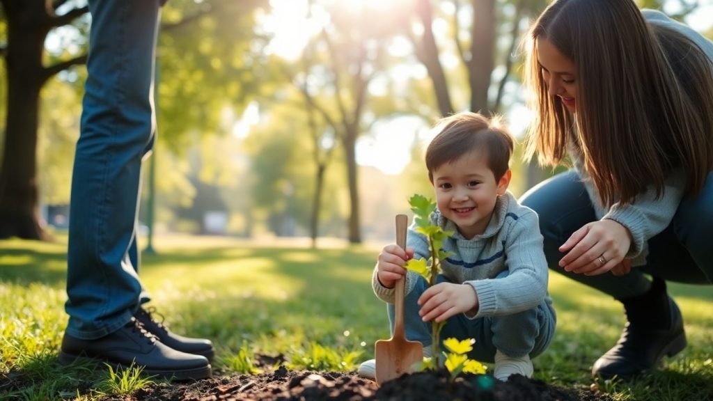 Părinte și copil implicat în activități comunitare.